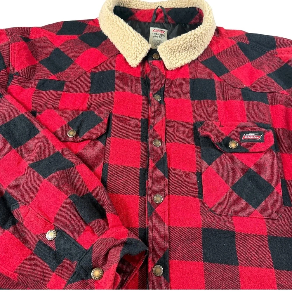 Dickies 3XL Red Black Buffalo Plaid Sherpa Collar Quilted Shirt Jacket Workwear